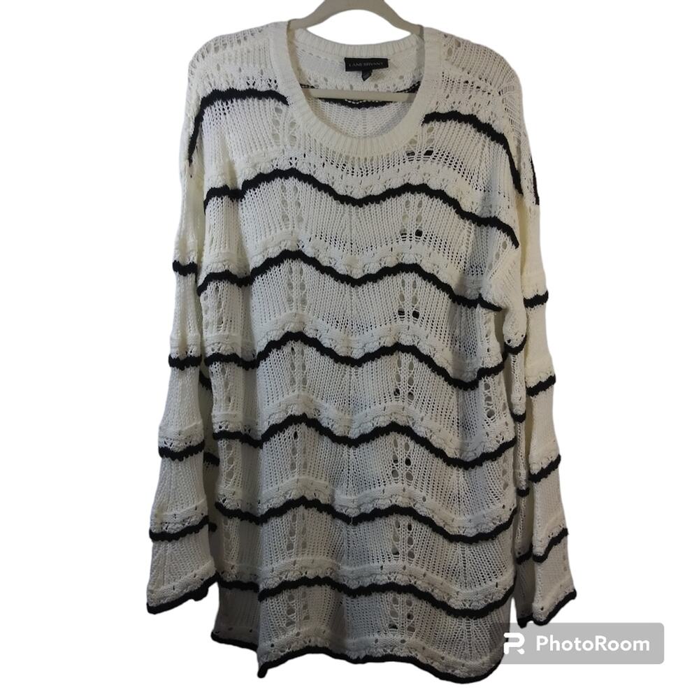 Lane Bryant Striped Open Knit Crew Neck Sweater White Black Size 14/16
